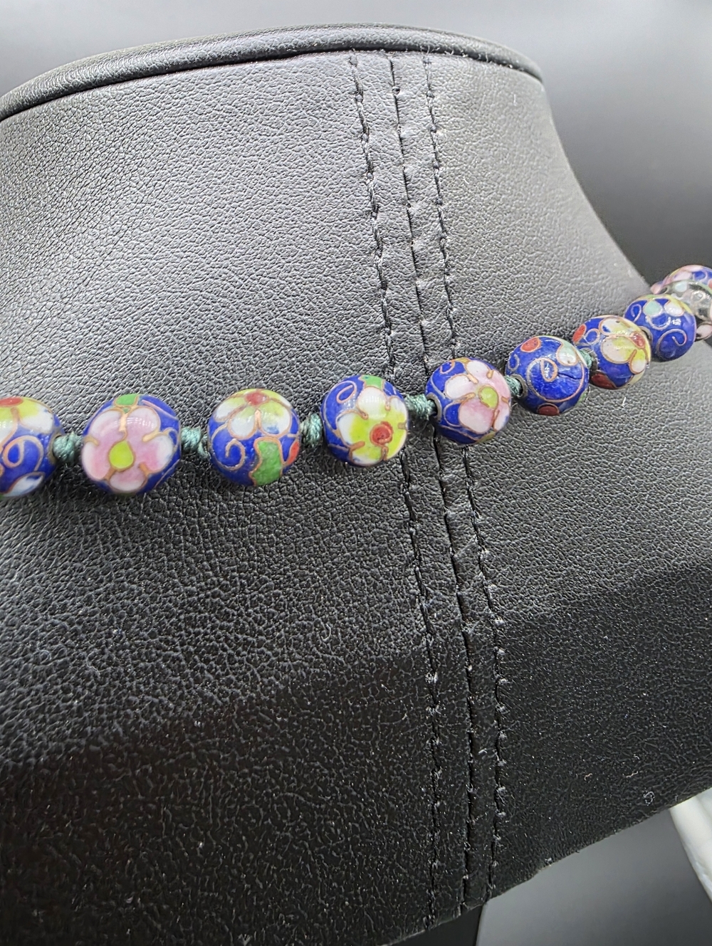 VINTAGE 40's Blue Cloisonné Floral Bead Necklace - Women Jewelry - Picture 3 of 5